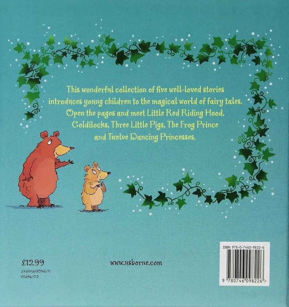 Book cover with two bears and fairy tale introduction text on a blue background