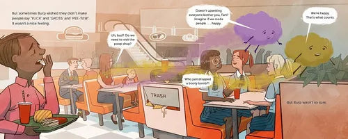 Cartoon-style illustration of a restaurant with characters interacting and a purple cloud-like character.