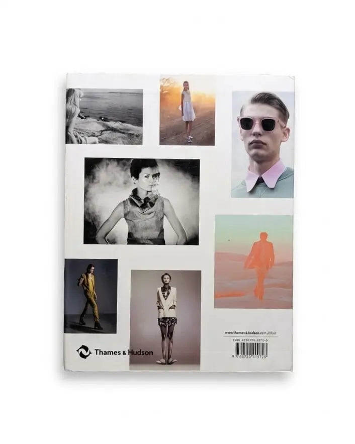 The back cover of a Thames & Hudson book, featuring a collage of fashion and portrait photographs in black and white, color, and orange, set against a plain white background.