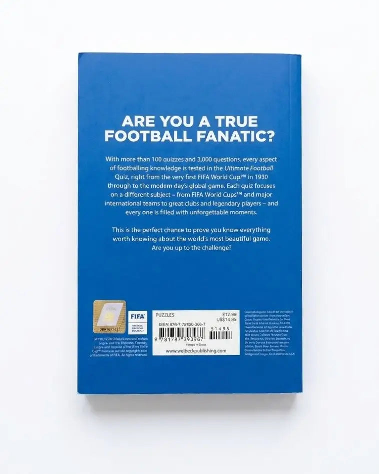 The back cover of a blue FIFA football quiz book, featuring white text that reads 'ARE YOU A TRUE FOOTBALL ANTIQUE?' and descriptive copy about football quizzes, with a FIFA logo and barcode at the bottom.