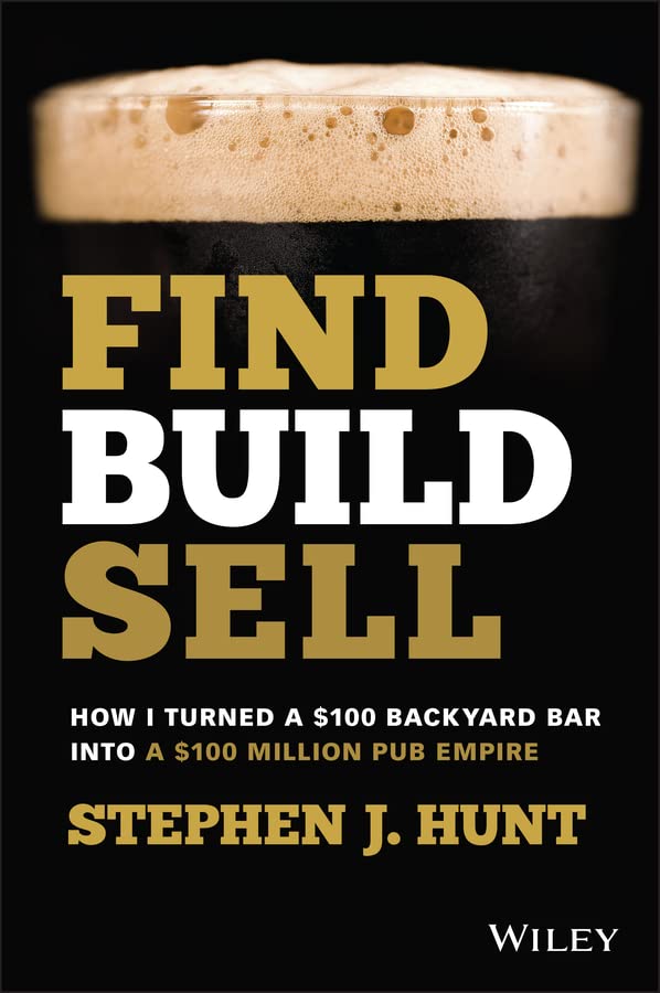 Book cover of 'Find Build Sell' by Stephen J. Hunt with a black background and text.