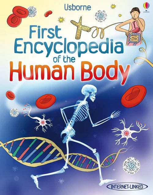 Book cover of 'First Encyclopedia of the Human Body' by Usborne with illustrations of a skeleton, DNA, and cells.