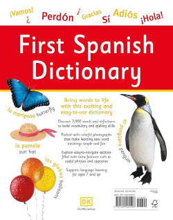 First Spanish Dictionary book cover with colorful illustrations and text