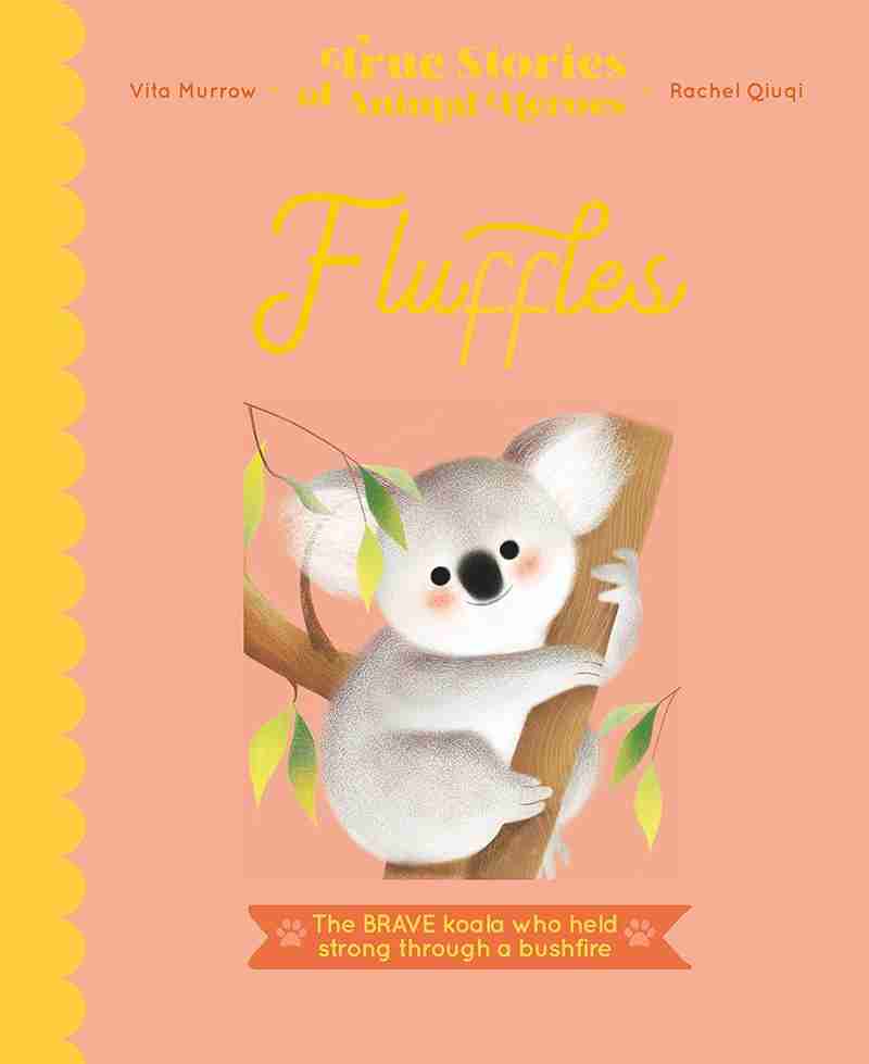 Book cover of 'Fluffles' featuring a koala on a branch with a yellow border and text.