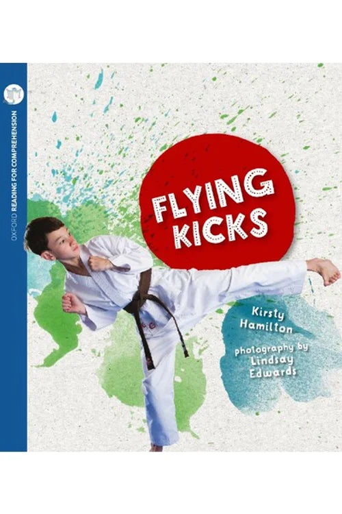 Book cover of 'Flying Kicks' with a child in martial arts attire against a colorful world map background.