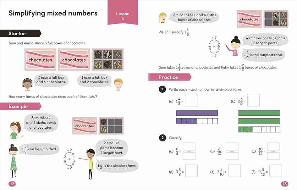 Mathematics textbook page on simplifying mixed numbers with illustrations and examples.