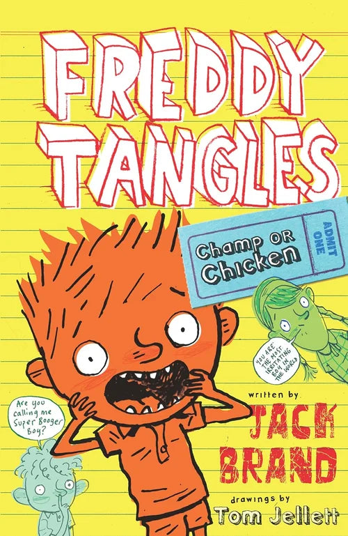 Book cover of 'Freddy Tangles' with a character and text on a yellow background