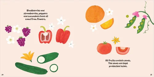 Illustrated page from a children's book about fruits and vegetables with text.