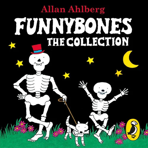 Book cover of 'Funnybones: The Collection' by Allan Ahlberg with skeletons and a dog on a black background.