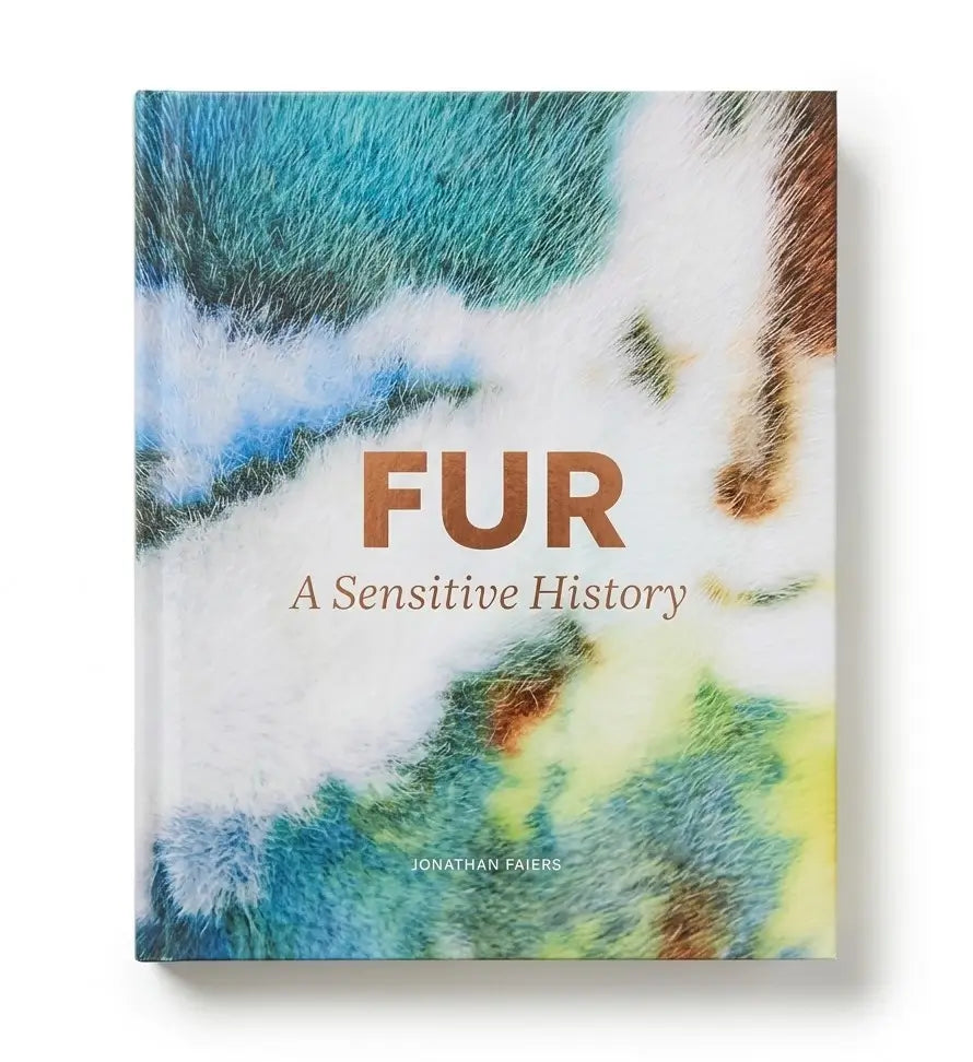 The book cover of 'FUR: A Sensitive History' by Jonathan Faires, featuring an abstract, textured fur pattern in shades of blue, white, and brown, with the title in bold brown lettering.