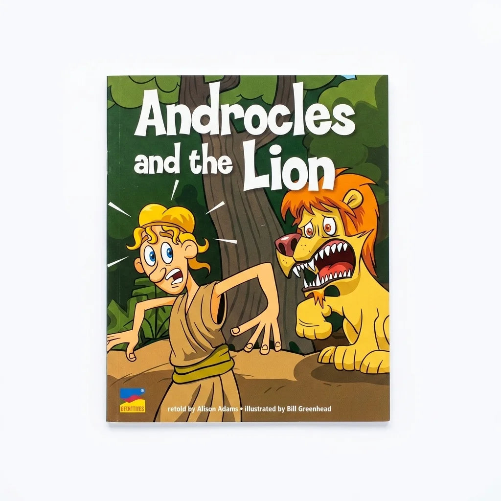 A children's book titled 'Androcles and the Lion' shown flat against a light gray background. The cover features colorful cartoon artwork of a man in a robe and a lion in a jungle scene, with the title in large white text at the top.