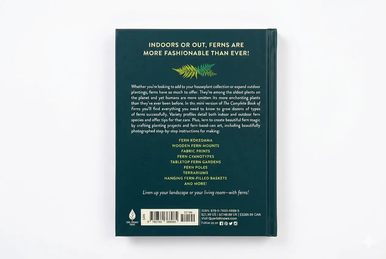 Back cover of a book with text about ferns on a white background