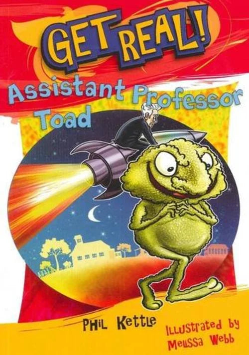 Book cover of 'Get Real! Assistant Professor Toad' with a cartoon toad on a rocket, colorful design.