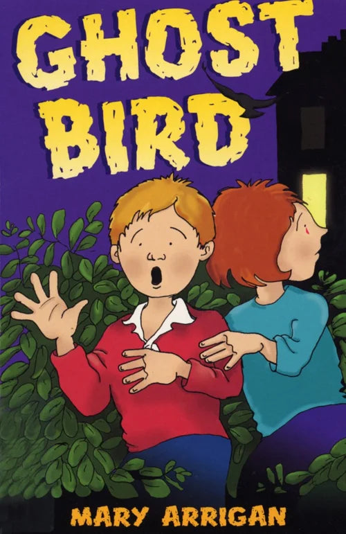 Book cover of 'Ghost Bird' by Mary Arrigan featuring two children in a garden.