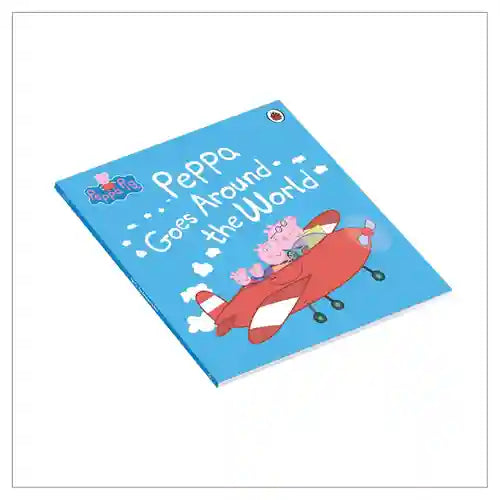 Children's book titled 'Peppa Goes Around the World' with a cartoon airplane and Peppa Pig on a blue background.