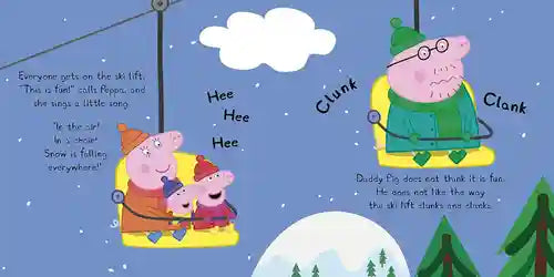 Cartoon characters on a ski lift with snow and trees in the background