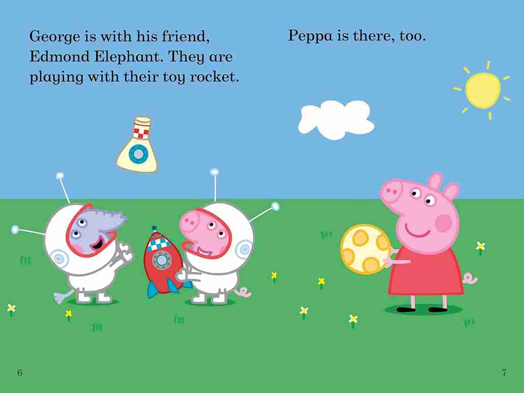 Illustration from a children's book showing George, Edmond Elephant, and Peppa Pig playing with toy rocket and balloon.