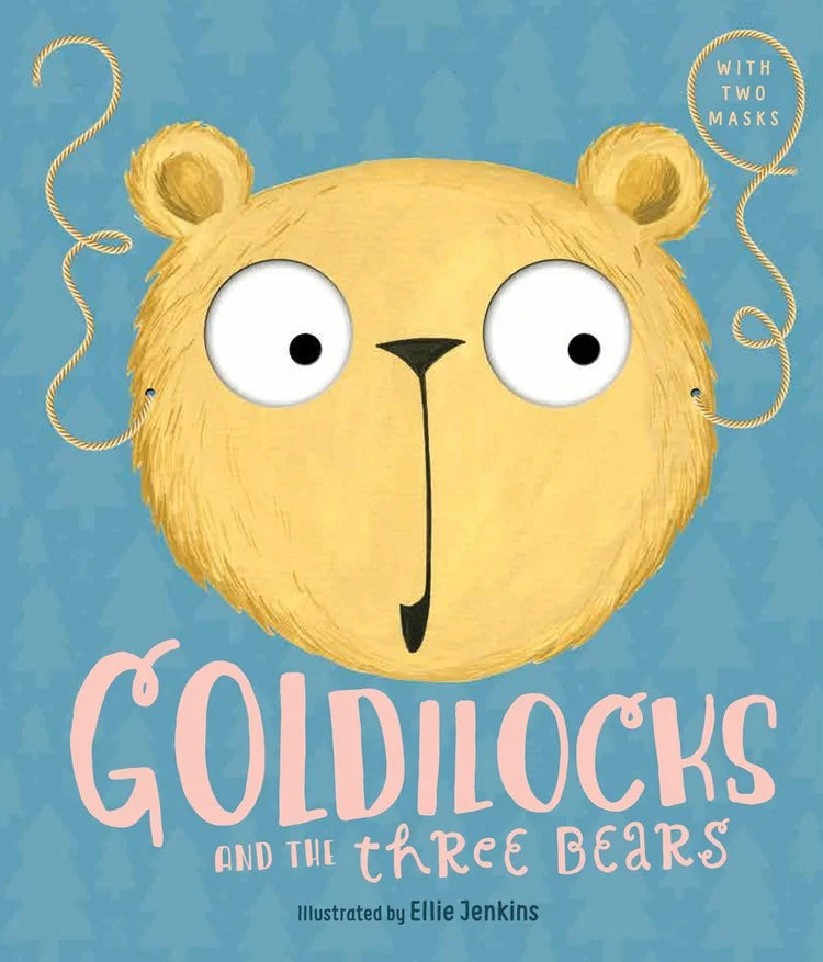 Book cover of 'Goldilocks and the Three Bears' with a yellow bear illustration on a blue background.