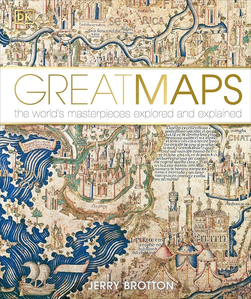 Cover of the book 'GREAT MAPS' featuring an intricate and colorful historical map with text overlay.