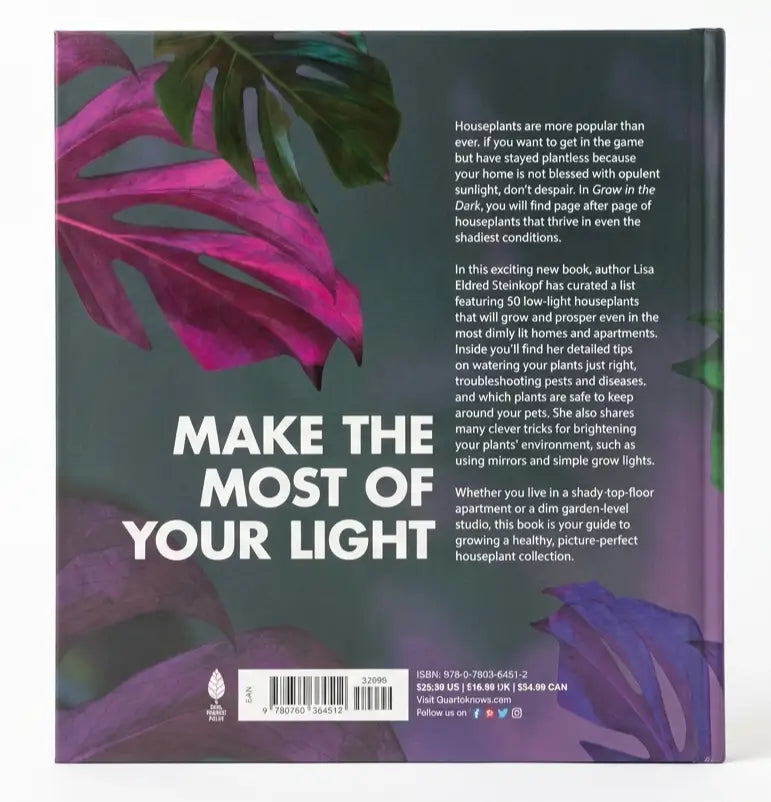 Book cover with houseplant leaves and text on a dark background