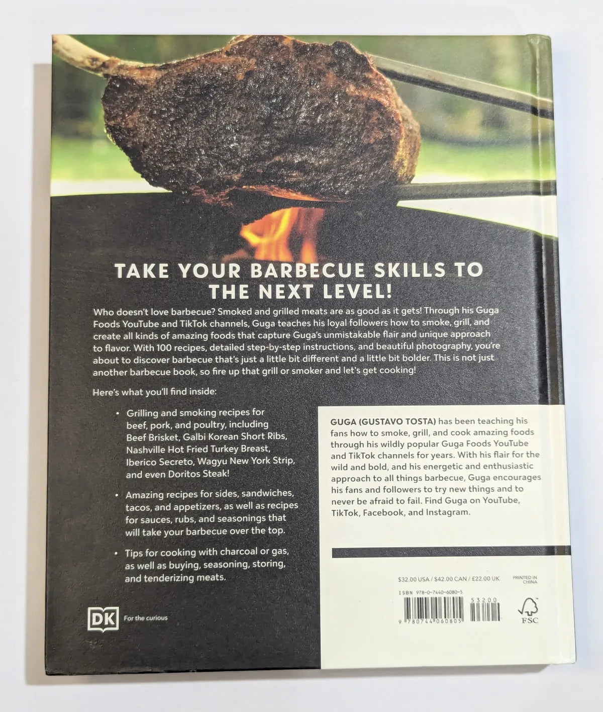 Back cover of a book with barbecue-themed text and imagery