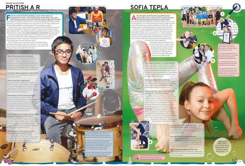 Magazine or book page with images of a boy playing drums and a girl on a green background, featuring text and graphics.