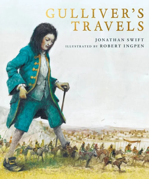 Book cover of 'Gulliver's Travels' with an illustration of a character in a green coat.