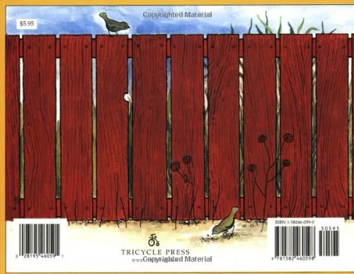 Back cover of a book with a red wooden fence and birds illustration, featuring Tricycle Press.