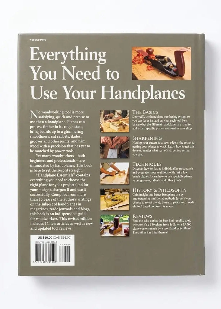 The back cover of a book titled 'Everything You Need to Use Your Handplanes' shown against a plain white background. The cover is a muted taupe-brown color with white text and several small color photographs depicting woodworking and handplane use.