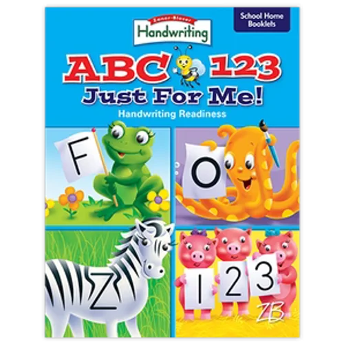 Children's book titled 'ABC 123 Just For Me!' with colorful illustrations of animals and letters on a blue background.