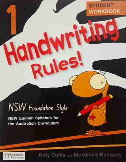 Student workbook cover titled 'Handwriting Rules! NSW Foundation Style' with a cartoon character holding a red pen.