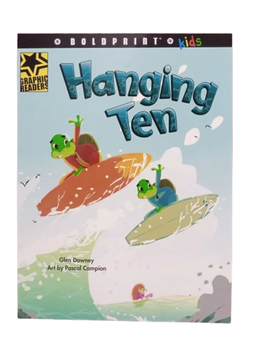 Book cover of 'Hanging Ten' by Glen Downey with cartoon turtles on surfboards.