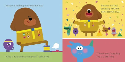 Cartoon characters in a children's book with a birthday theme