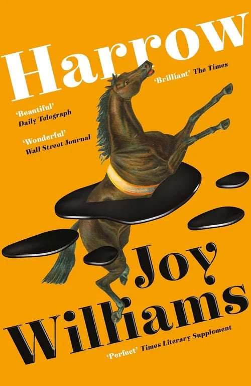 Book cover of 'Harrow' by Joy Williams with a horse balancing on books against an orange background.