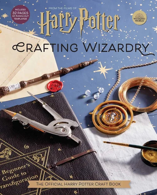 Book titled 'Crafting Wizardry' from Harry Potter series with magical items on a blue background