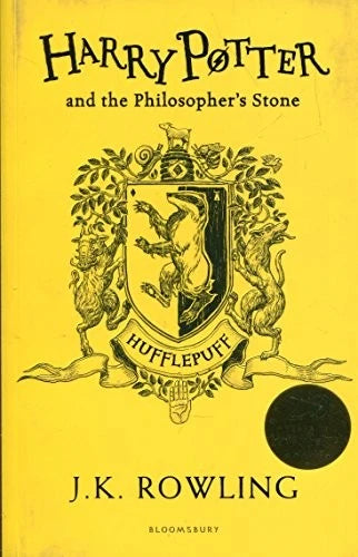 Book cover of 'Harry Potter and the Philosopher's Stone' by J.K. Rowling with Hufflepuff crest on yellow background