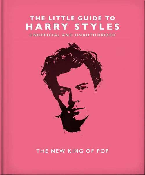 Book cover with a stylized portrait of a person on a pink background, featuring text about Harry Styles.