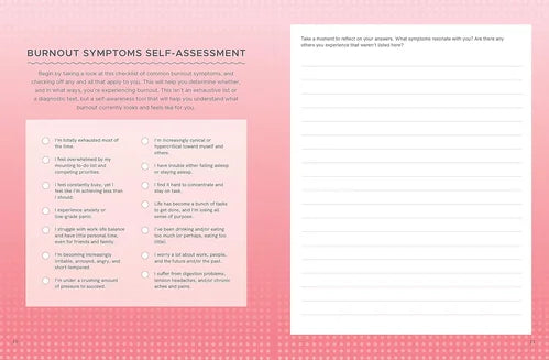 Burnout symptoms self-assessment form on a pink background with text and checkboxes.