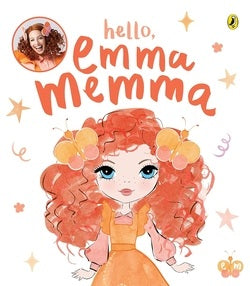 Book cover of 'hello, Emma Memma' with a girl with red hair and orange dress on a white background.