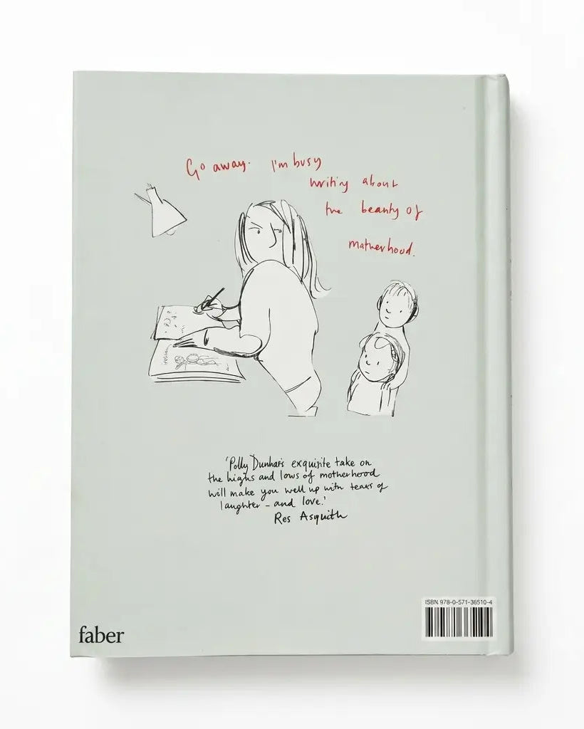 The back cover of a Faber & Faber book, featuring a light gray-green background with a hand-drawn sketch of a mother and child in black ink with red handwritten notes.