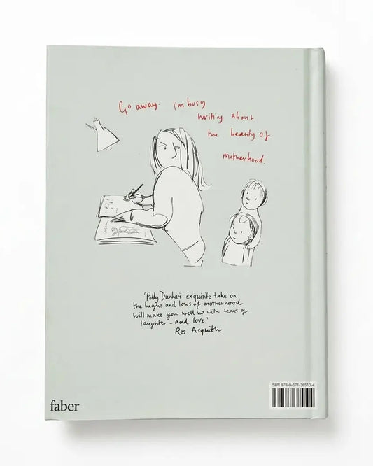 The back cover of a Faber & Faber book, featuring a light gray-green background with a hand-drawn sketch of a mother and child in black ink with red handwritten notes.