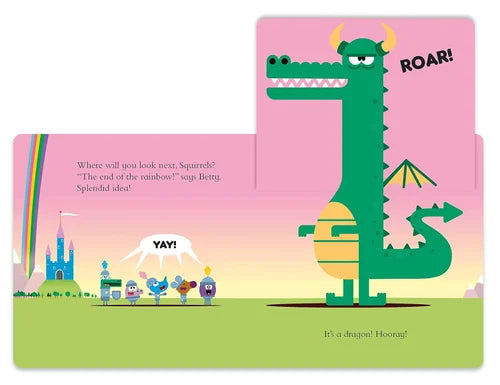 Children's book with a green dinosaur illustration on a pink background