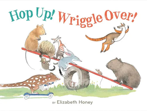Book cover of 'Hop Up! Wriggle Over!' with illustrations of animals on a seesaw.
