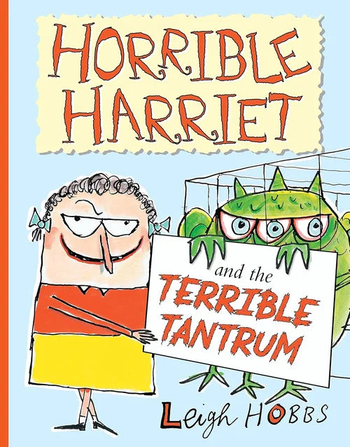 Book cover of 'Horrible Harriet and the Terrible Tantrum' with a cartoon character and dinosaur illustration.