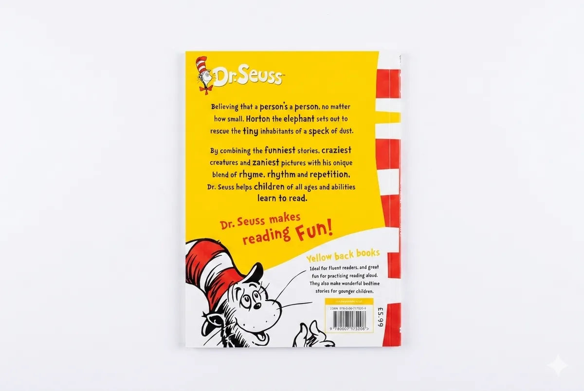 Back cover of a Dr. Seuss book with yellow background and red and white striped border.