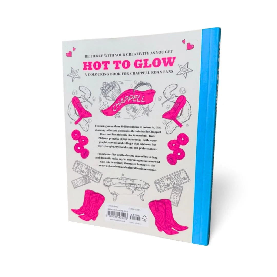 Coloring book titled 'Hot to Glow' with pink and blue design on a white background