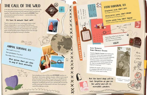 Open book with various pages including text, illustrations, and photos on a wooden surface.