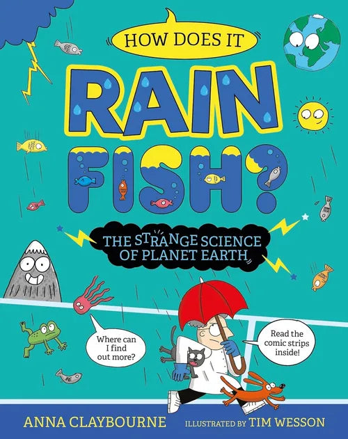 Book cover of 'How Does It Rain Fish?' with cartoon characters and text on a blue background
