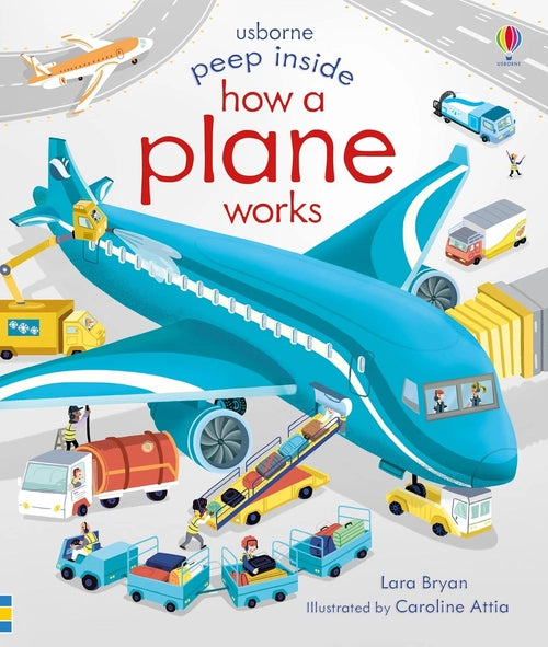 Book cover of 'How a Plane Works' by Usborne with illustrations of an airplane and airport vehicles.