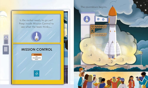 Illustration of a rocket launch with 'Mission Control' and countdown display.